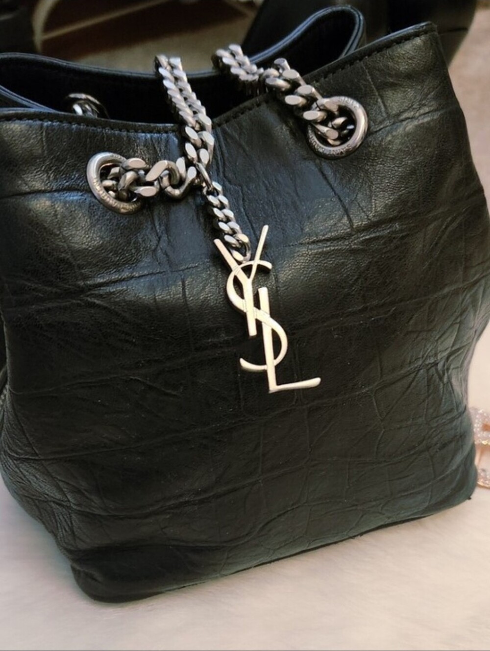 Saint Laurent Black Leather Drawstring Bucket Bag with Silver Chain